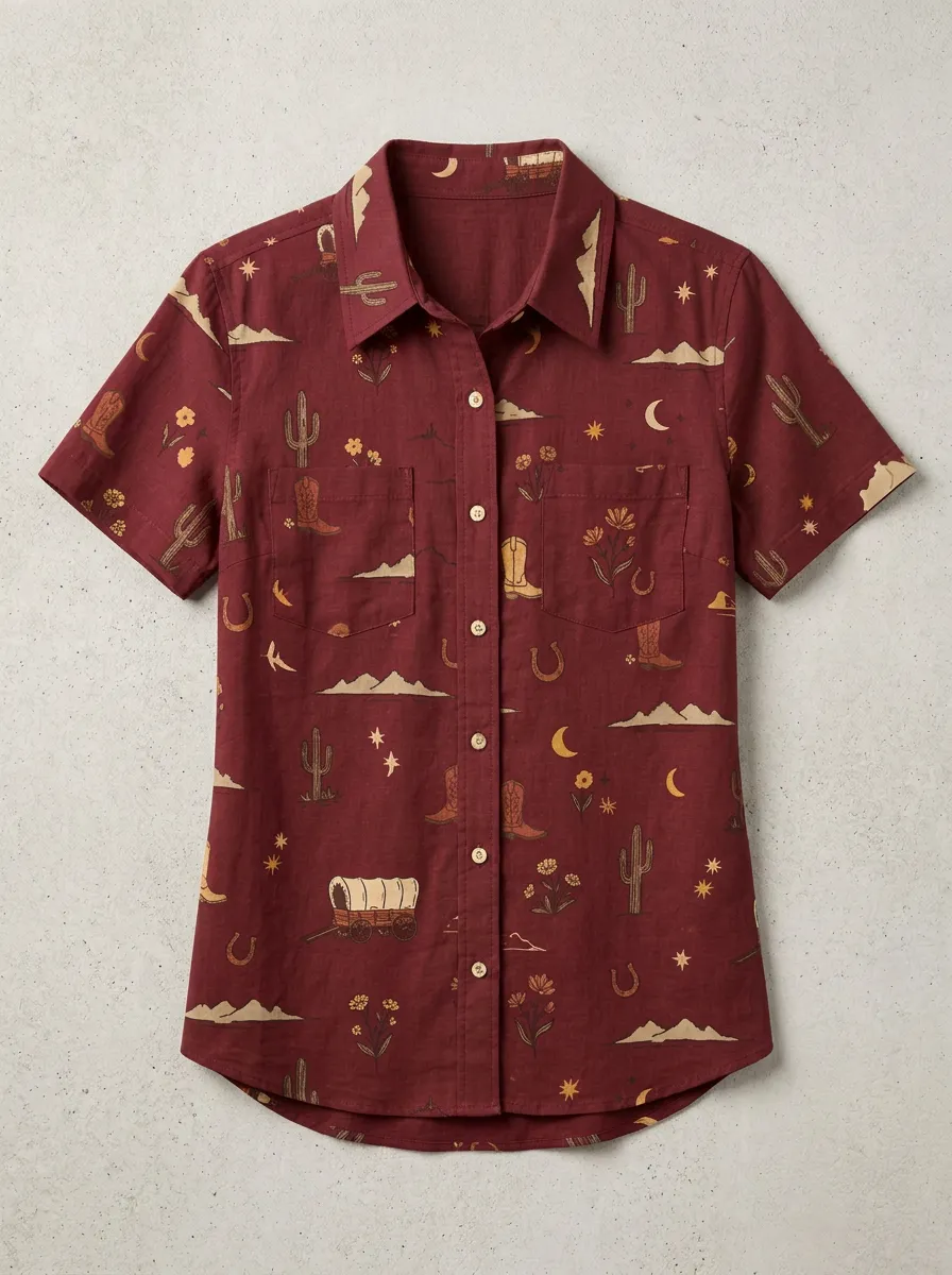Women's Western Cowboy Cactus Boot Printed Short Sleeve Shirt
