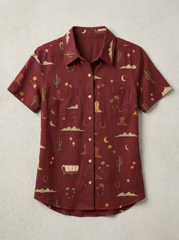 Women's Western Cowboy Cactus Boot Printed Short Sleeve Shirt