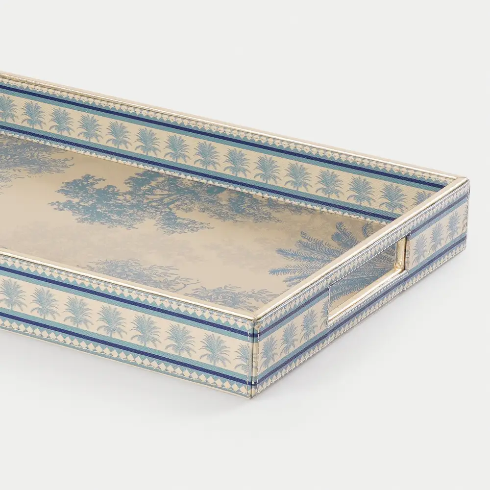 Blue Rectangular Faux Leather Tray