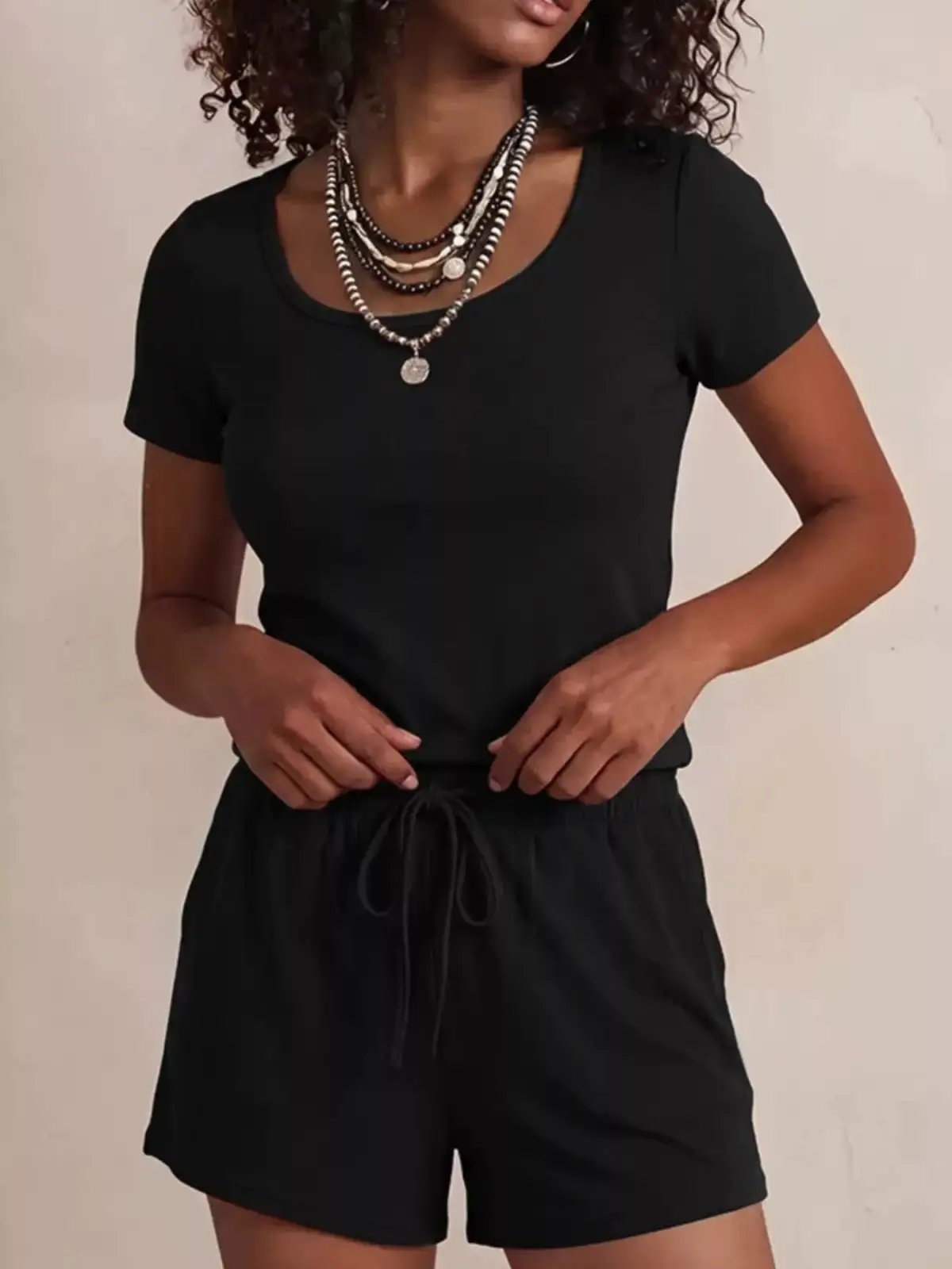 Drawstring Pocketed Tee and Shorts Matching Set