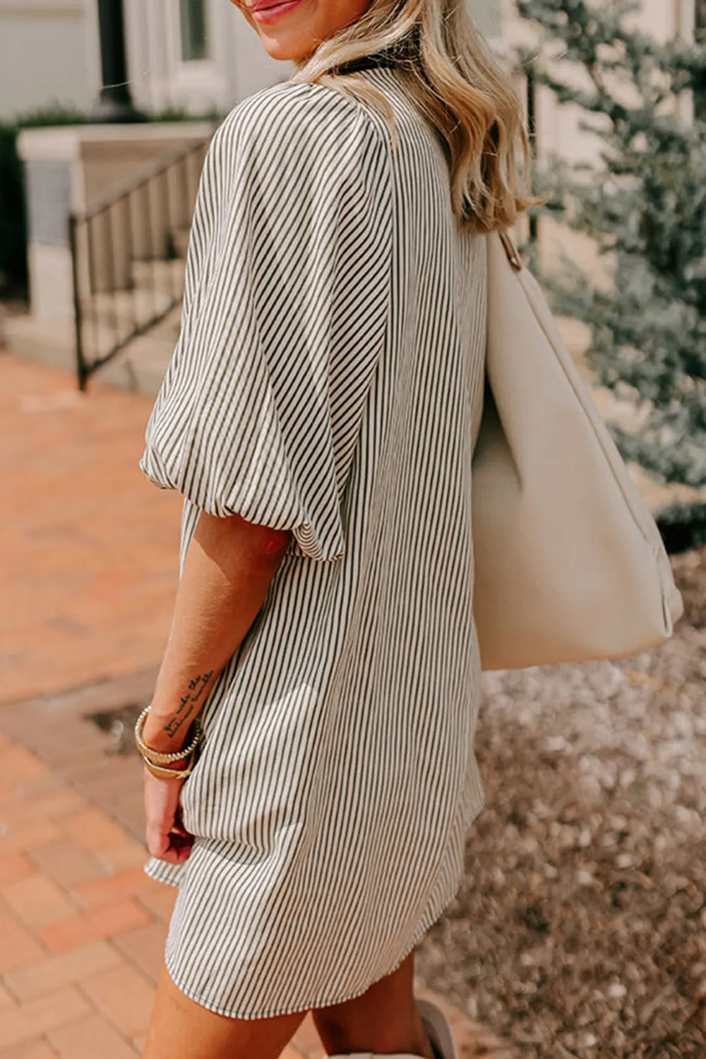 Button Front Pocket Detail Puff Sleeve Mini Dress