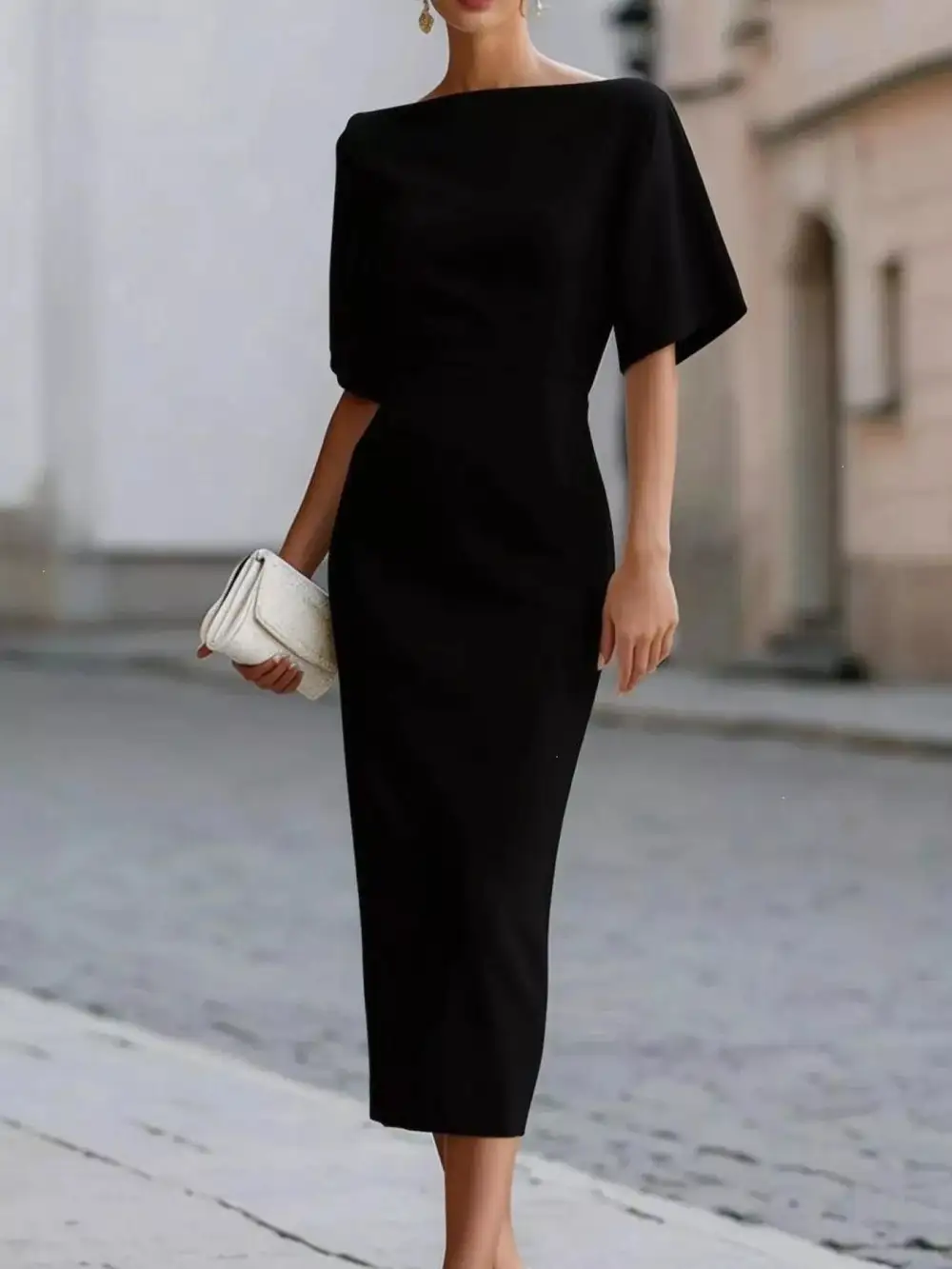 Half Sleeve Boat Neck Midi Dress