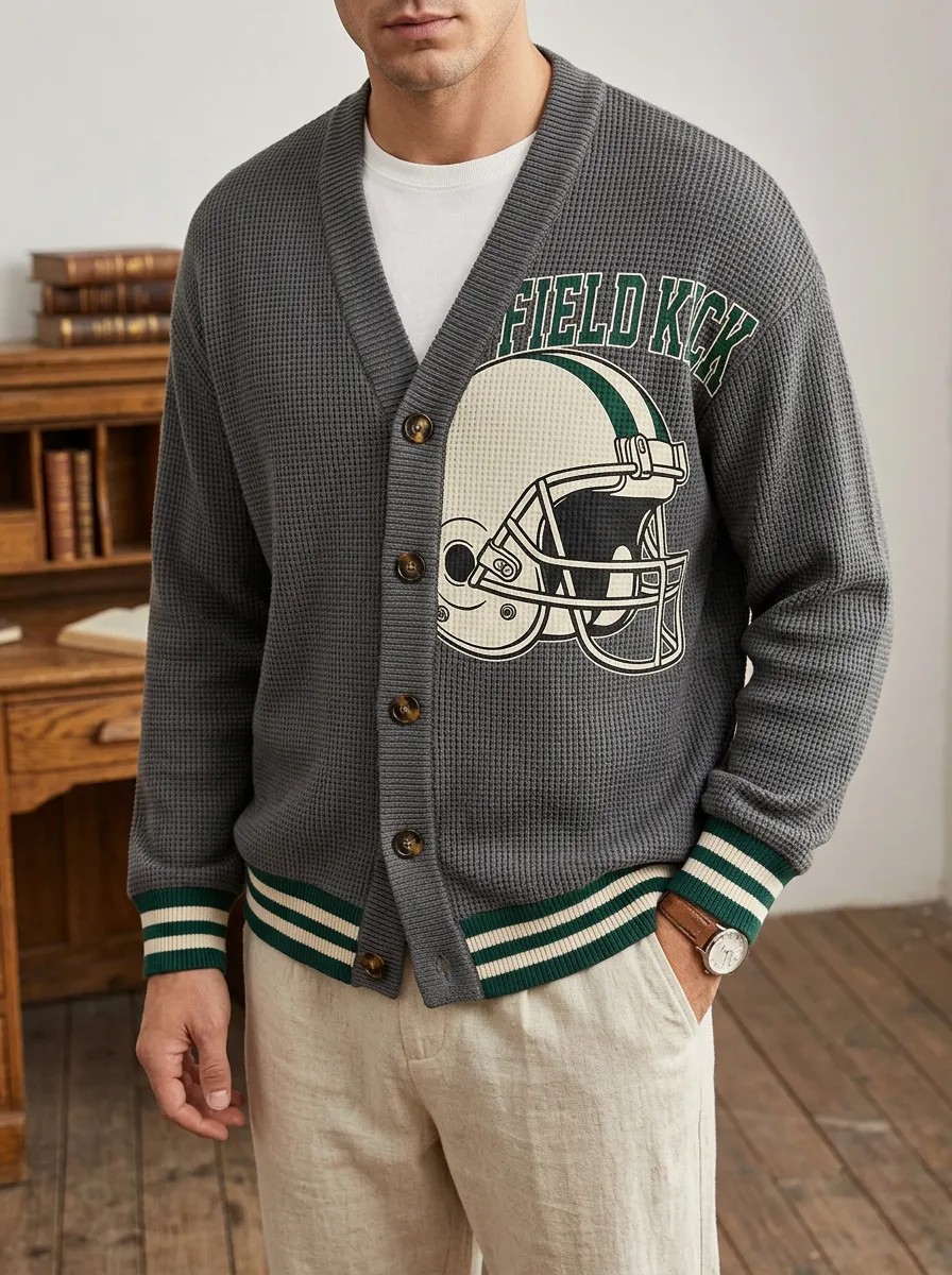 Men's Football Lover Helmet Printed Waffle Cardigan