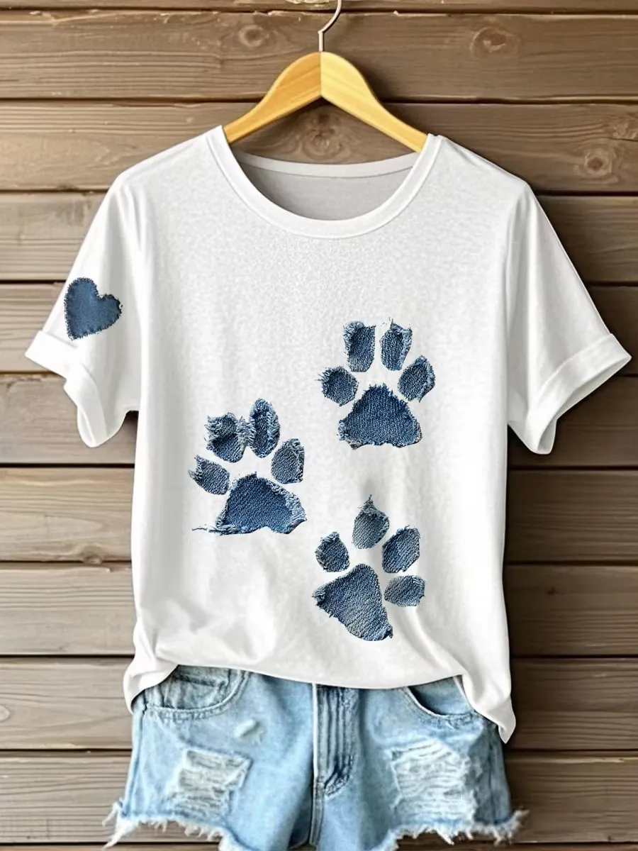 Women'S Cute Dog Art Printed Round Neck T-Shirt
