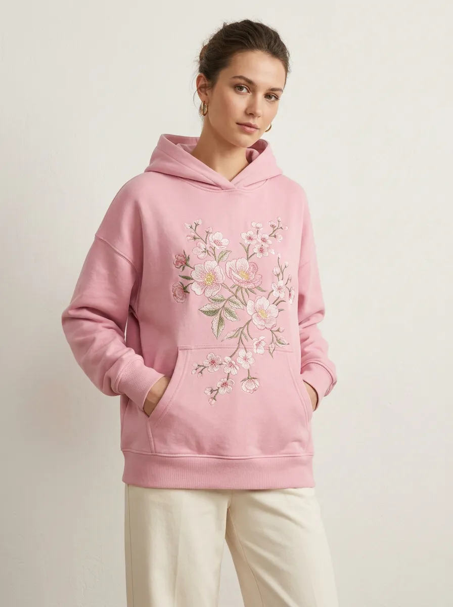 Women's Floral Lover Pink Cherry Blossom Embroidered Printed Hoodie