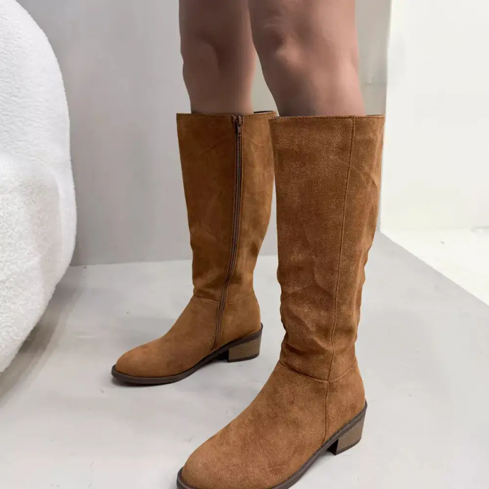 Pleated Round Toe Block Heels Boots
