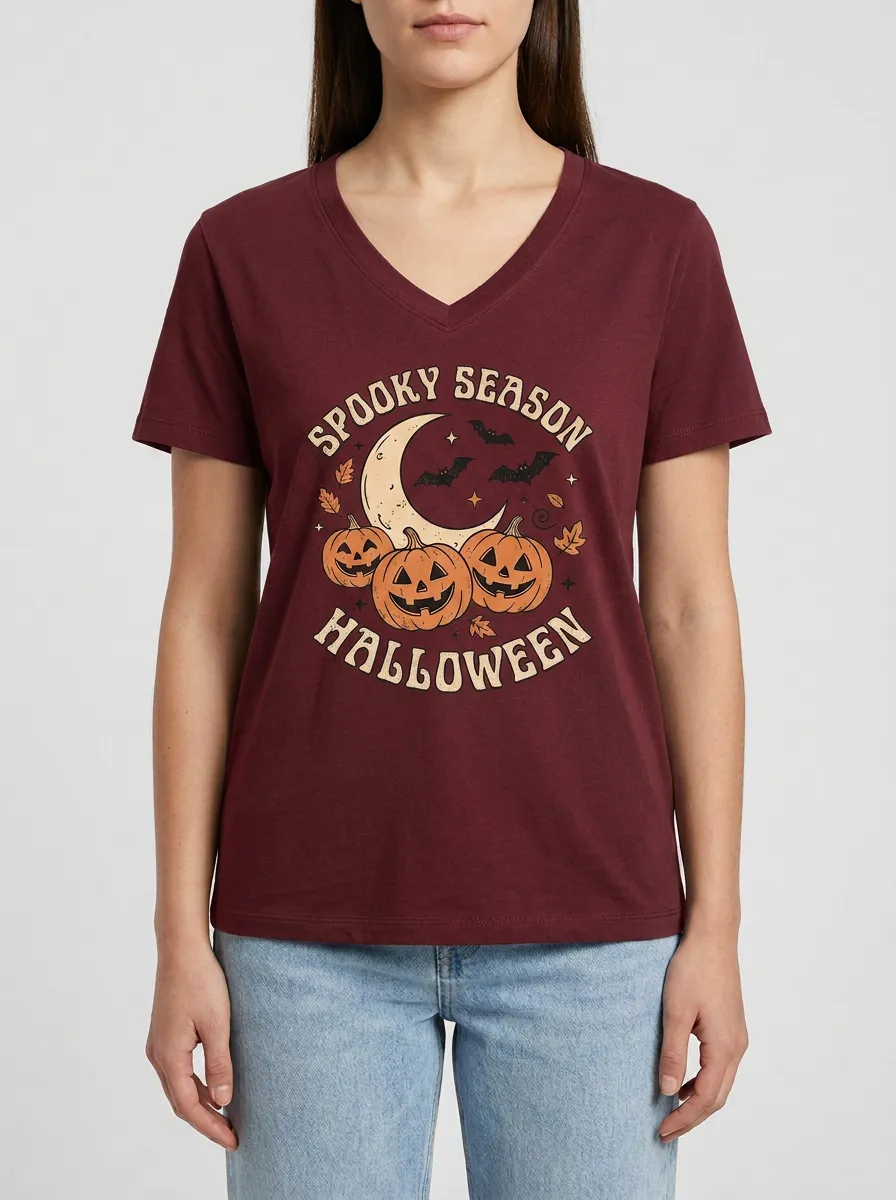 Women's Halloween Spooky Season Moon Pumpkin Bat Printed V-neck T-shirt