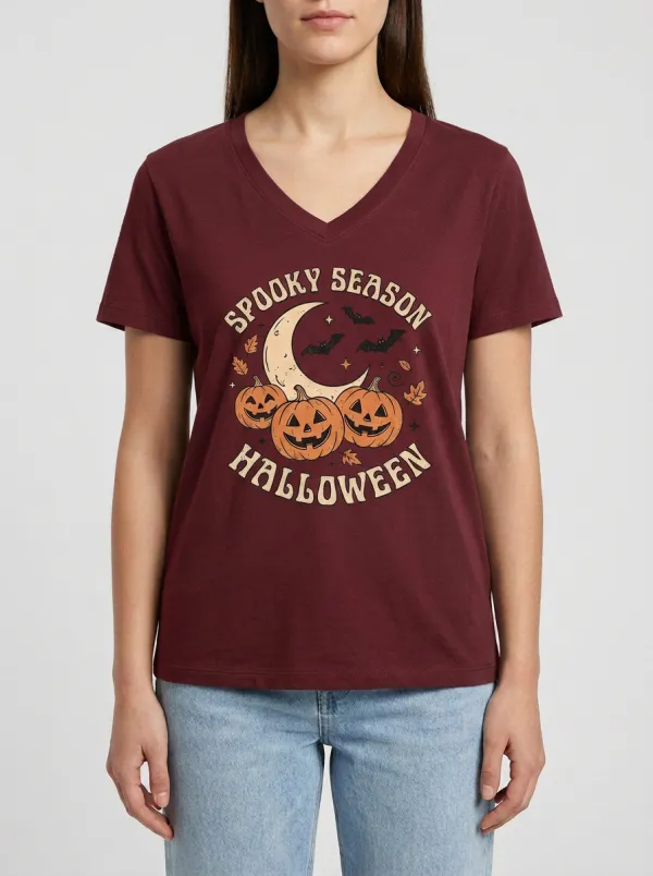 Women's Halloween Spooky Season Moon Pumpkin Bat Printed V-neck T-shirt