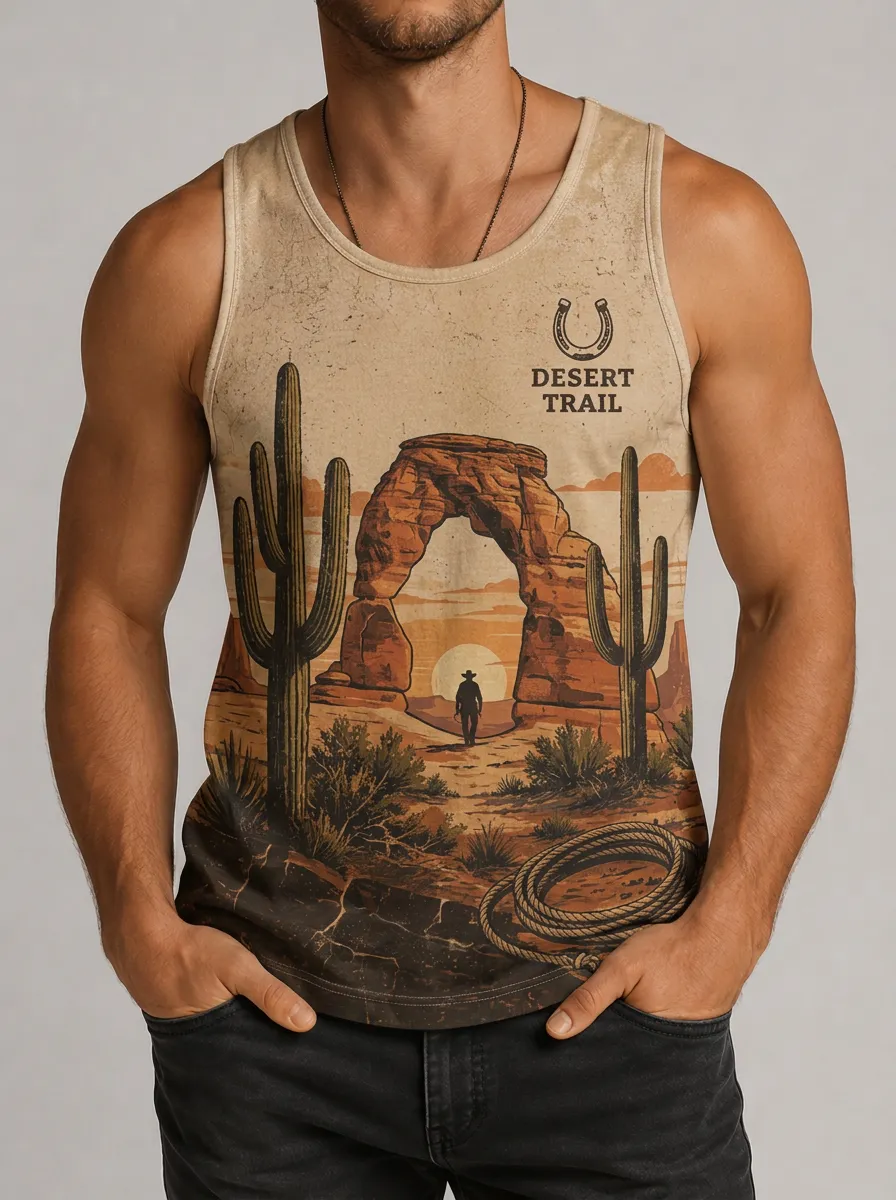 Men's Desert Trail Graphic Tank Top with Graphic print featuring a desert landscape, cacti, and a lasso motif
