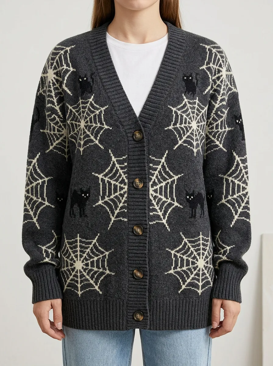 Women's Halloween Black Cat Spiderweb Pattern Knitted Cardigan