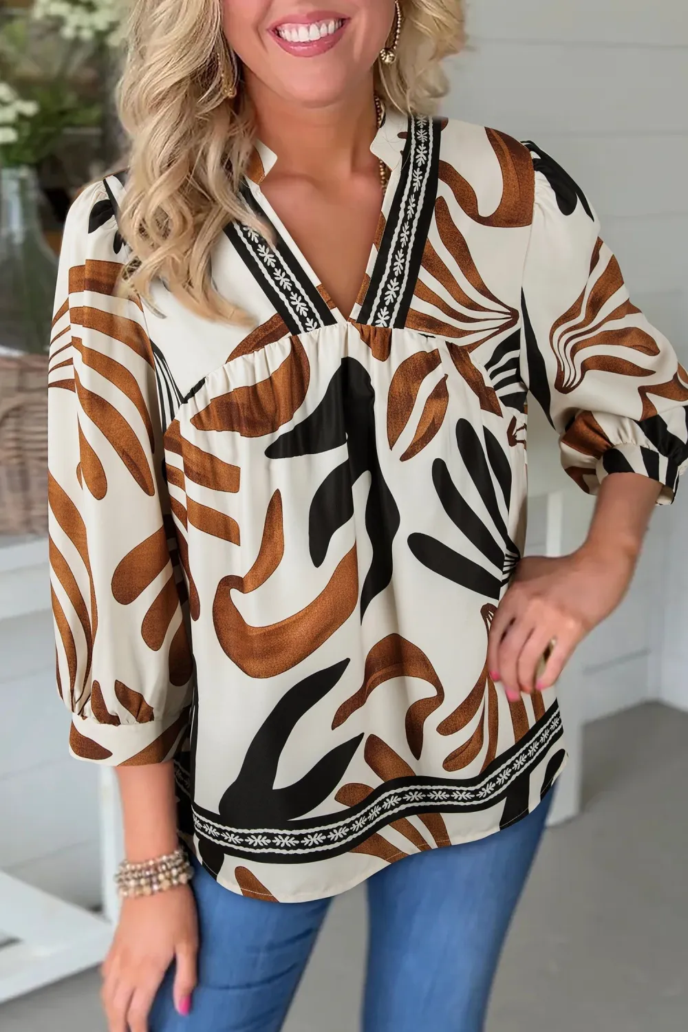 Abstract Print Patchwork Puff Sleeve Blouse