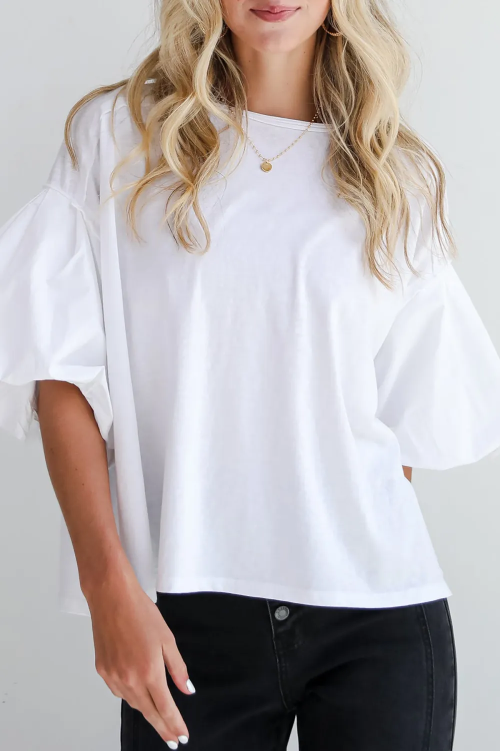 White Contrast Puff Sleeve Top
