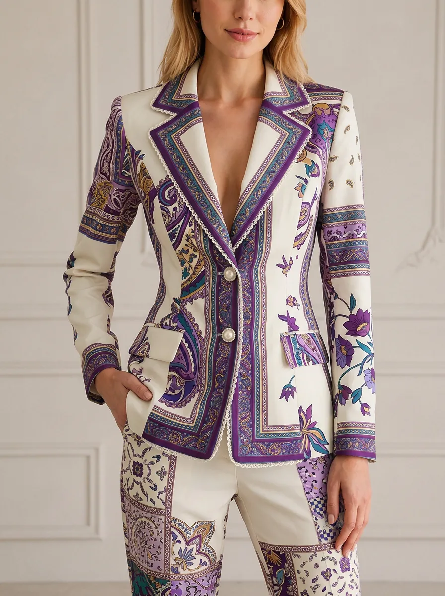 Women's Purple Floral Paisley Pattern Printed Blazer