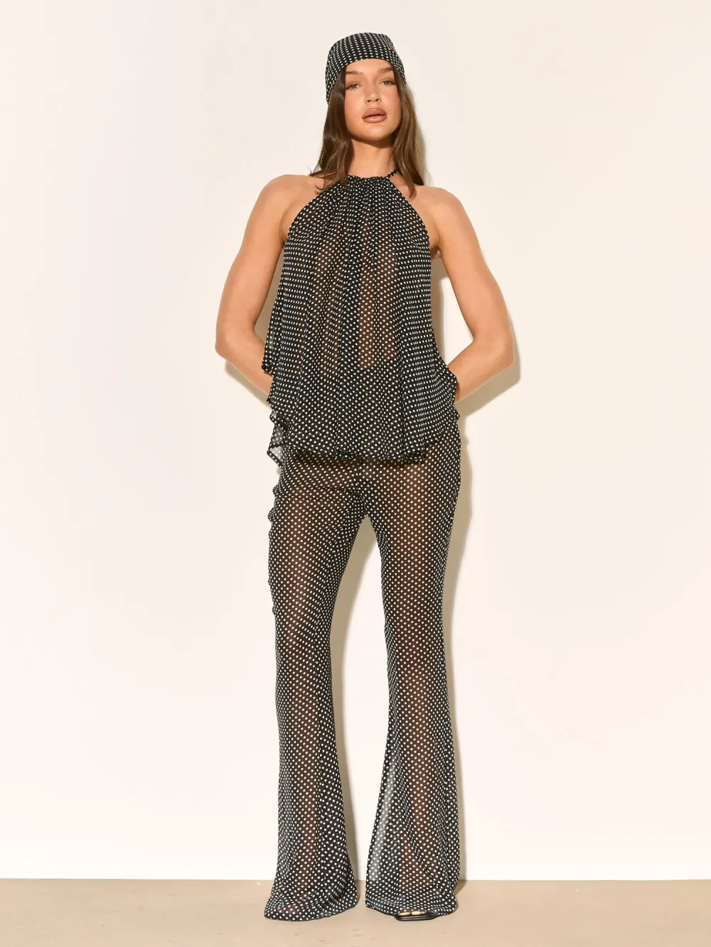 Sofia Black Polkadot Chiffon Two Piece Set with Headscarf