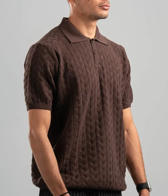 Dark Brown Textured Knit Polo Shirt