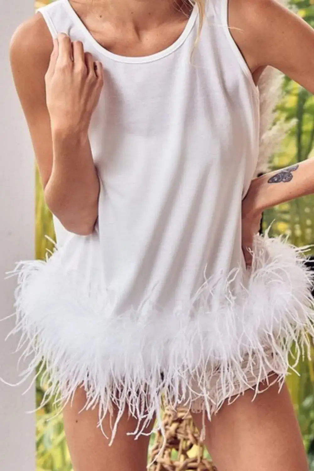 French Terry Faux Feather Bottom Back Tied Top