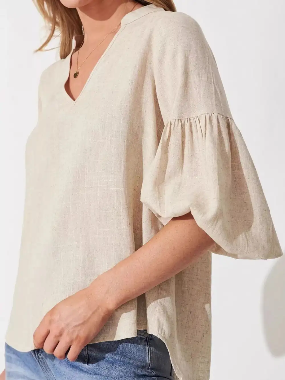 Notched Balloon Sleeve Blouse