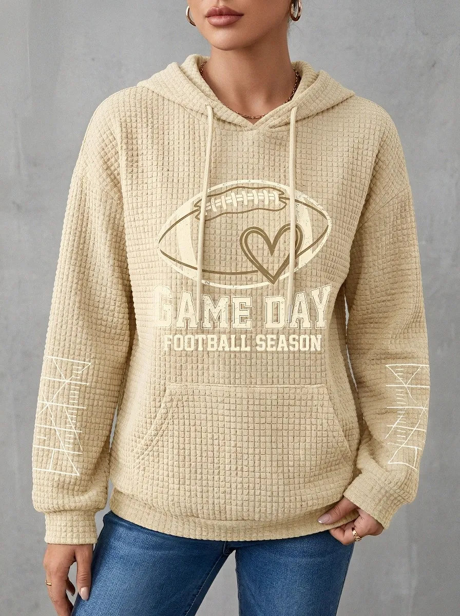 Women's Casual Football Lover Game Day Heart Printed Waffle Hoodie