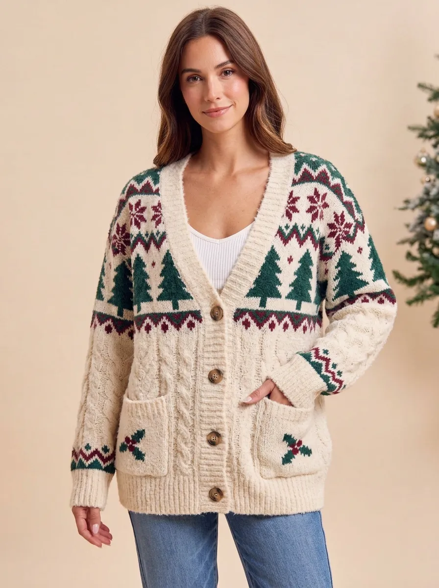 Women's Christmas Cream Fair Isle Tree Snowflake Knitted Cardigan