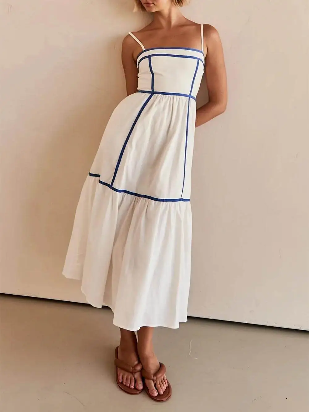 Contrast Trim Adjustable Straps Midi Dress