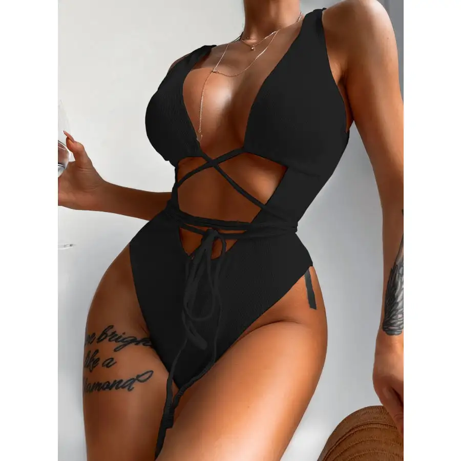 Women's Ribbed Lace-Up One-Piece Swimsuit