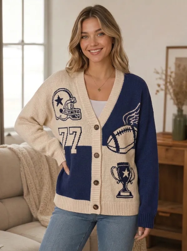 Women's Athletic Inspired Helmet Football Trophy Knitted Cardigan