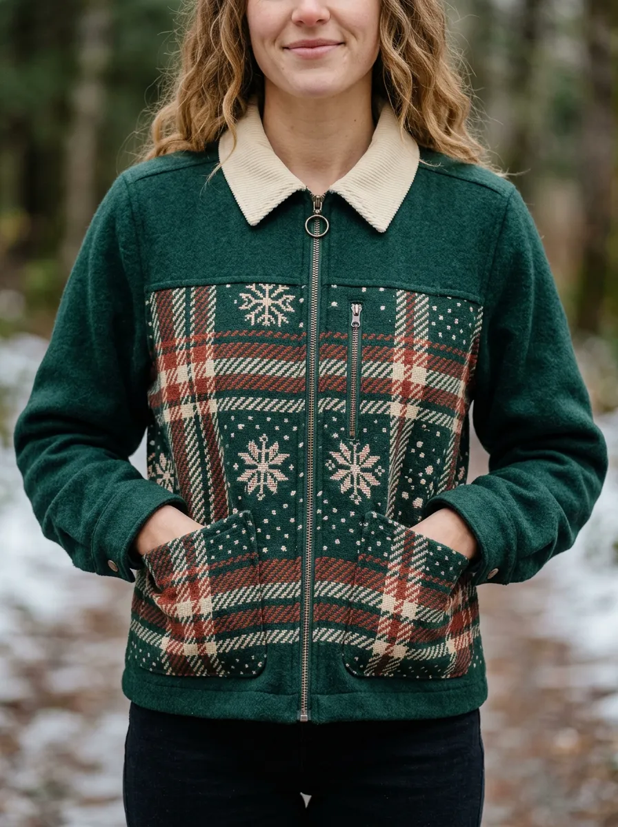 Christmas Holiday Plaid Snowflake Print Jacket