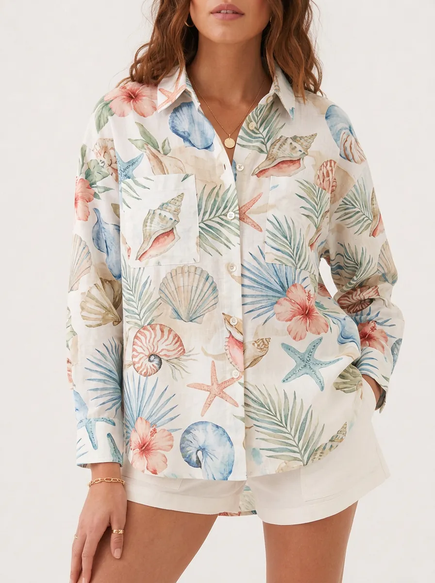 Women's Tropical Beach Seashell Hibiscus Printed Shirt