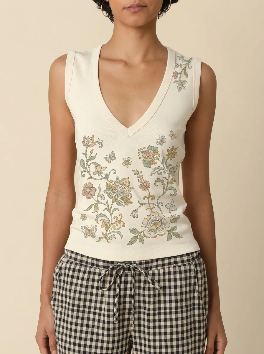 Women's Boho Floral Butterfly Printed V-Neck Tank Top
