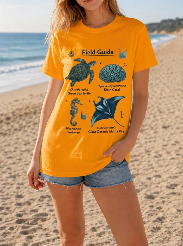 Women's Marine Biology Lover Sea Life Field Guide Printed T-shirt