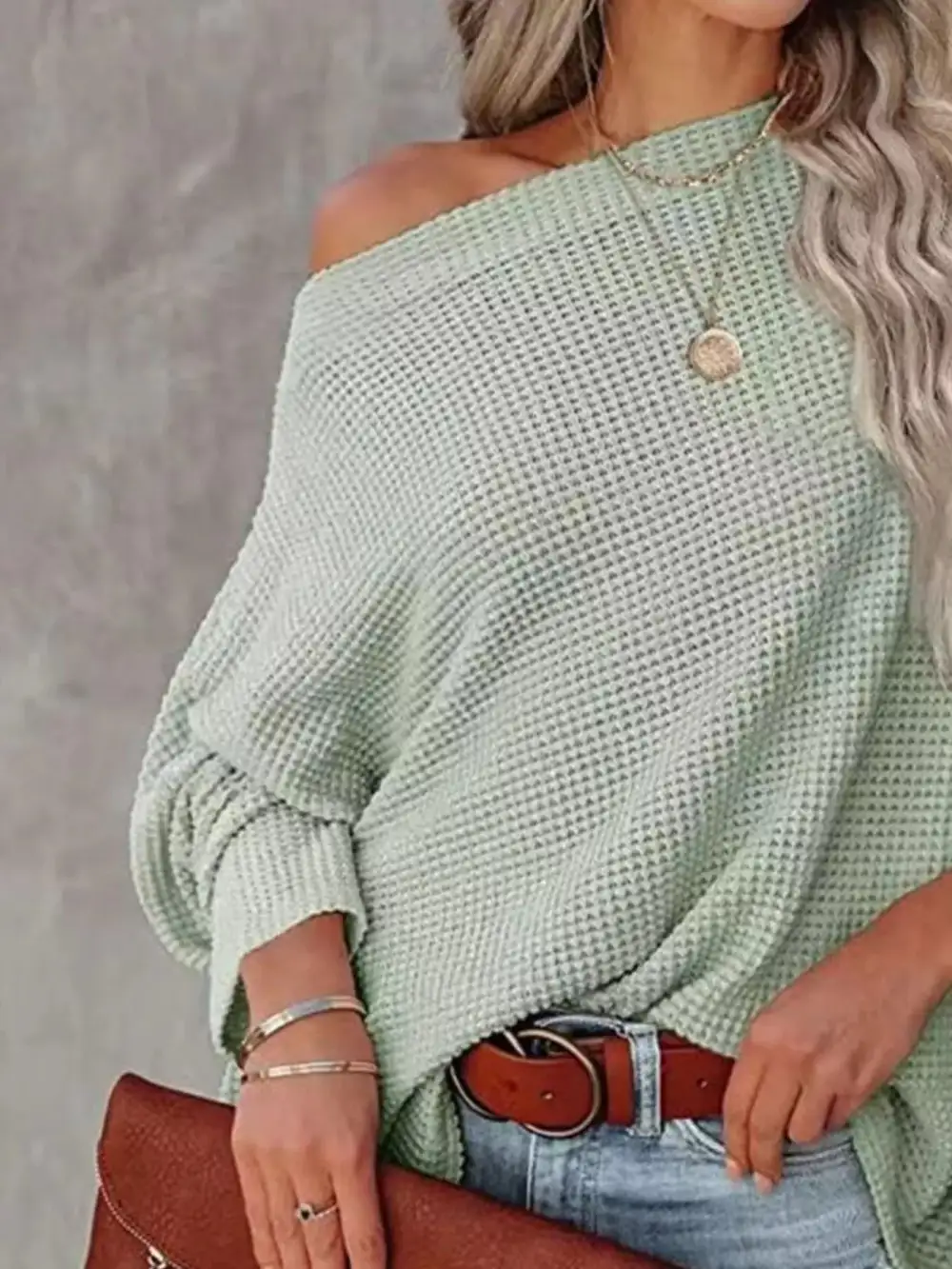 Waffle Knit Boat Neck Sweater