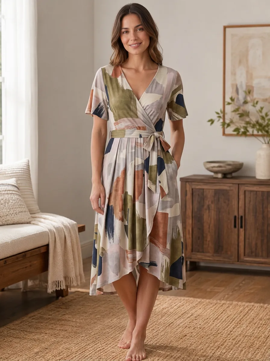 Women's Abstract Art Pattern V-Neck Printed Wrap Dress