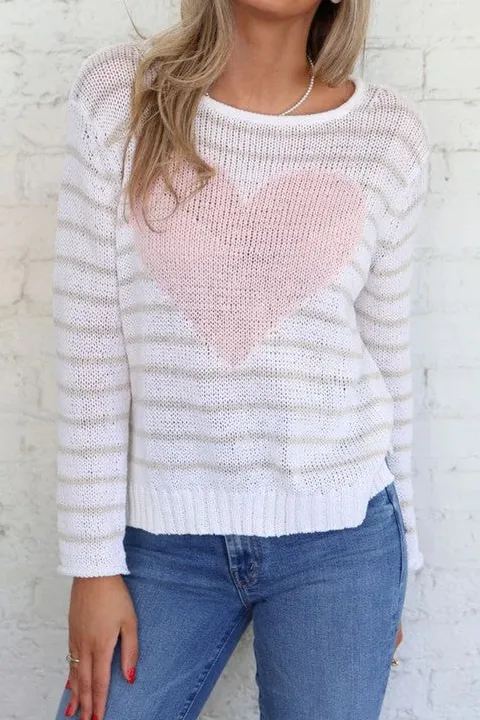 White and Pink Heart Pattern Knit Top