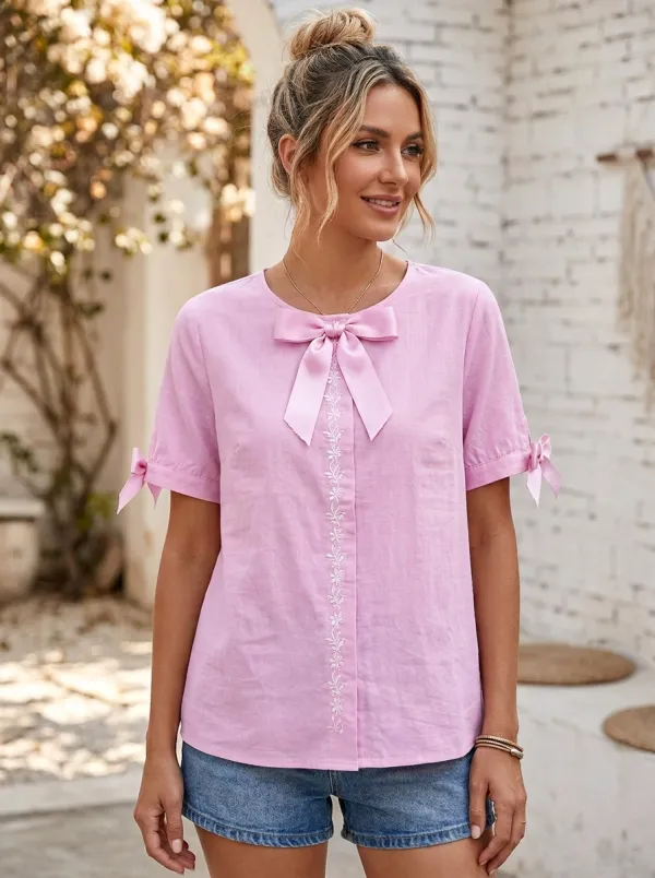 Women's Round Neck Bow-detail Floral Embroidered Blouse