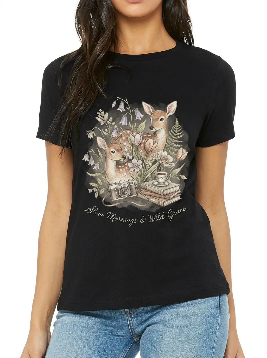 Women's Nature Lover Deer Camera Books Floral Printed T-shirt