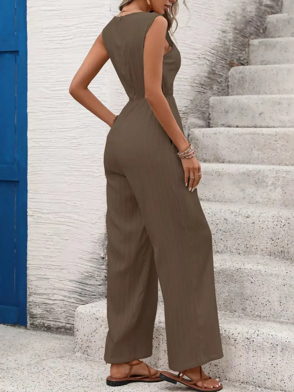 Casual Sleeveless V Neck Wide Leg Jumpsuit