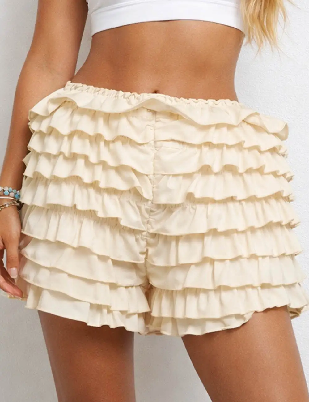Tiered Ruffle Solid Color Elastic Waist Mini Shorts