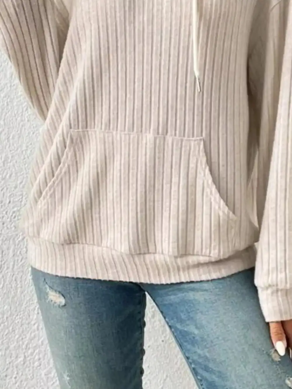 Relaxed Drawstring Pocketed Long-Sleeve Ribbed Hoodie