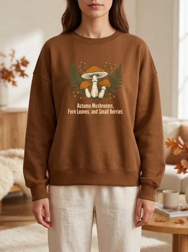 Soft Printed Mushroom Fern Graphic Sweatshirt