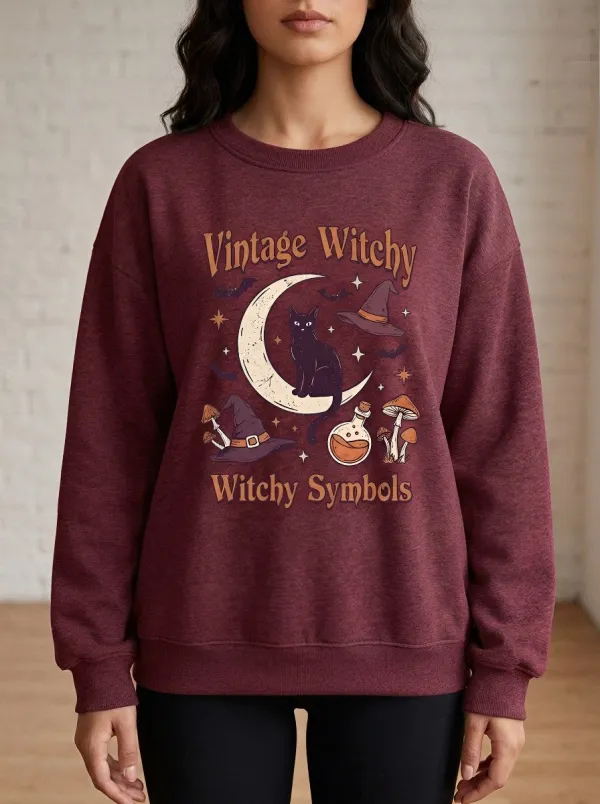 Women's Halloween Witchy Black Cat Moon Mushroom Printed Sweatshirt