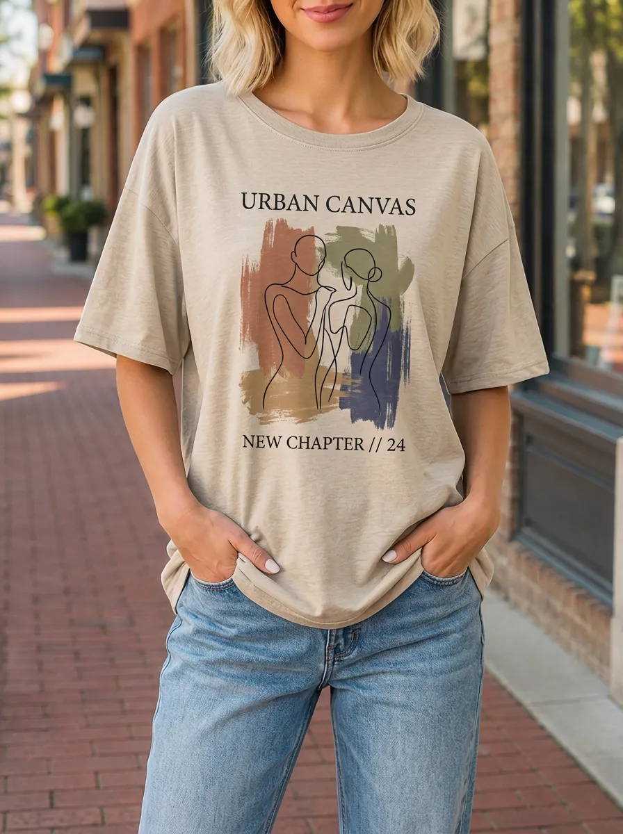 Women's Abstract Art Urban Canvas Line Drawing Printed T-shirt