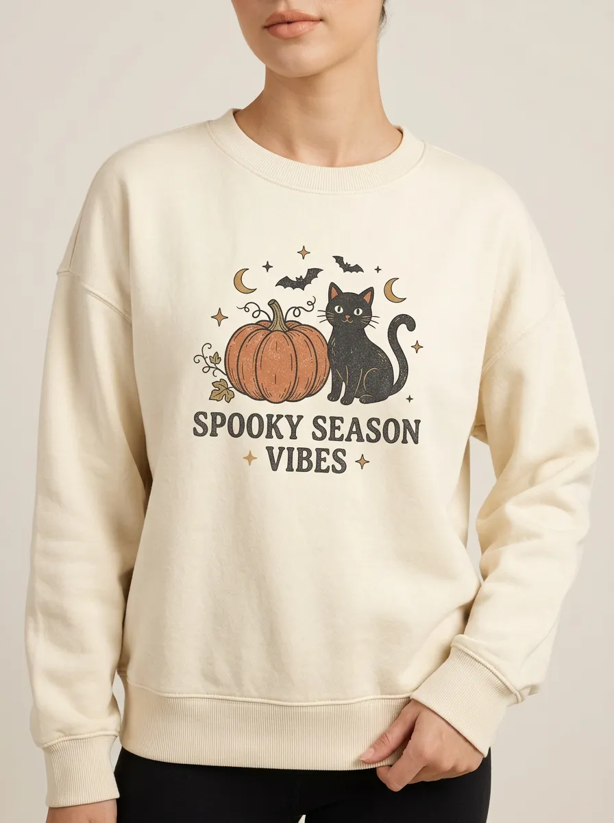 Women's Halloween Spooky Season Black Cat Pumpkin Printed Sweatshirt