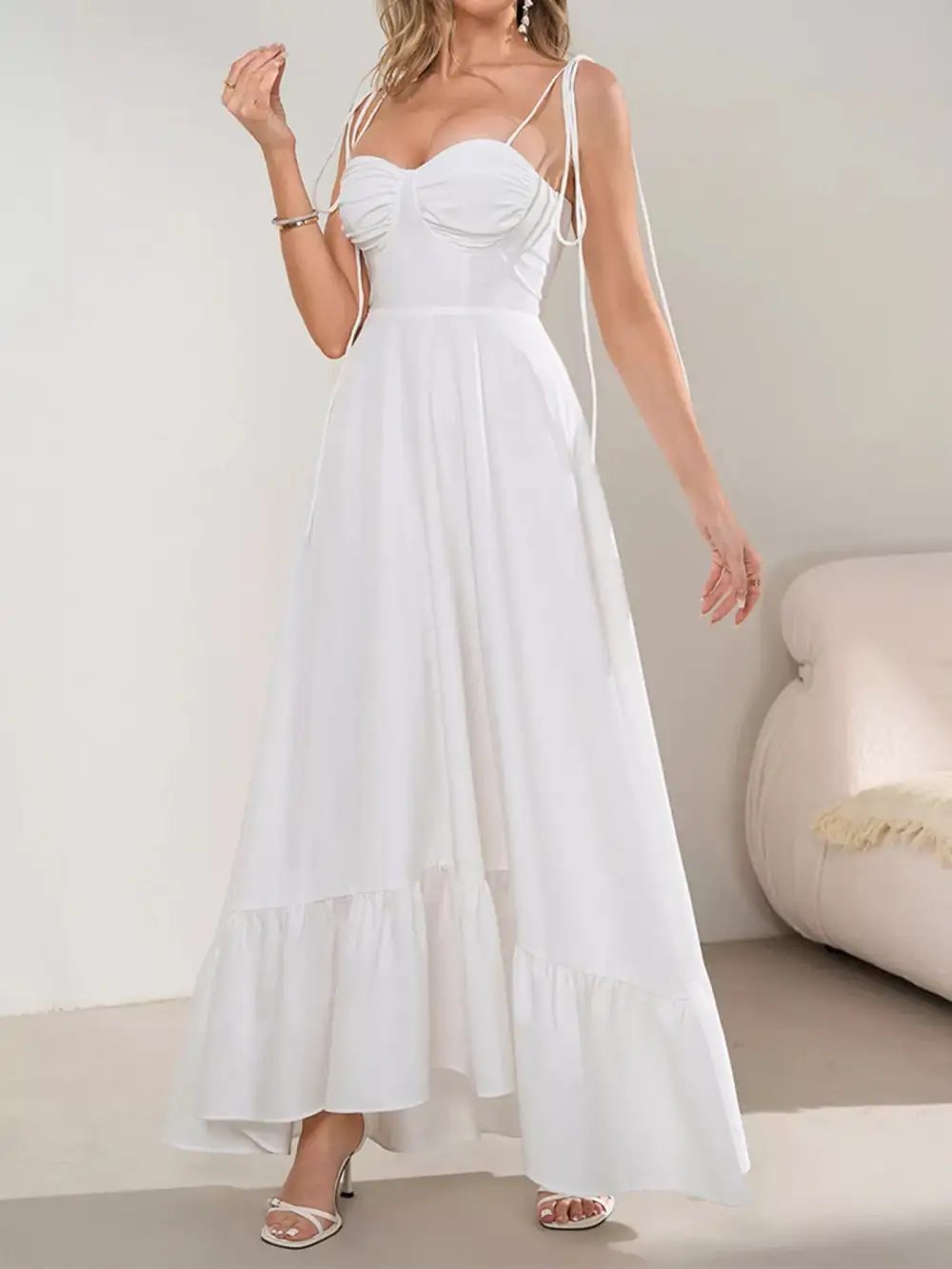 Sweetheart Neck Tie Strap Ruffle Hem Maxi Dress