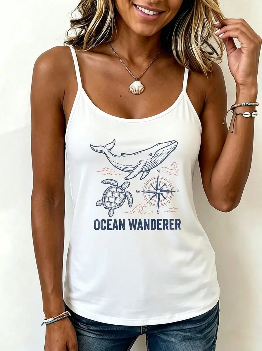 Women's Ocean Wanderer Whale Turtle Compass Printed Tank Top