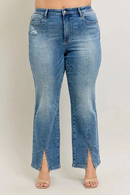Full Size High Waist Vintage Wash Front Seam & Slit Straight Plus Size