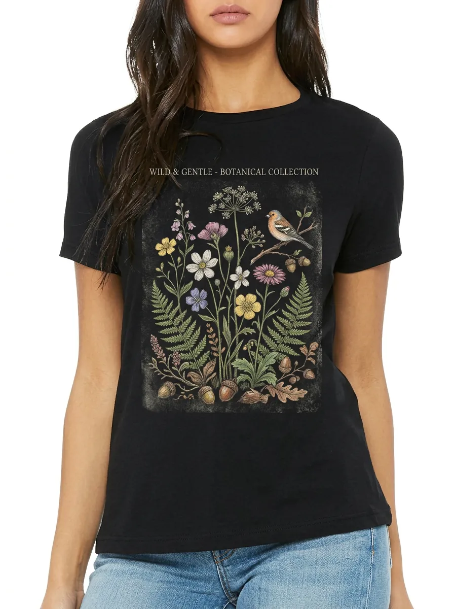 Women's Nature Lover Botanical Bird and Wildflower Printed T-shirt