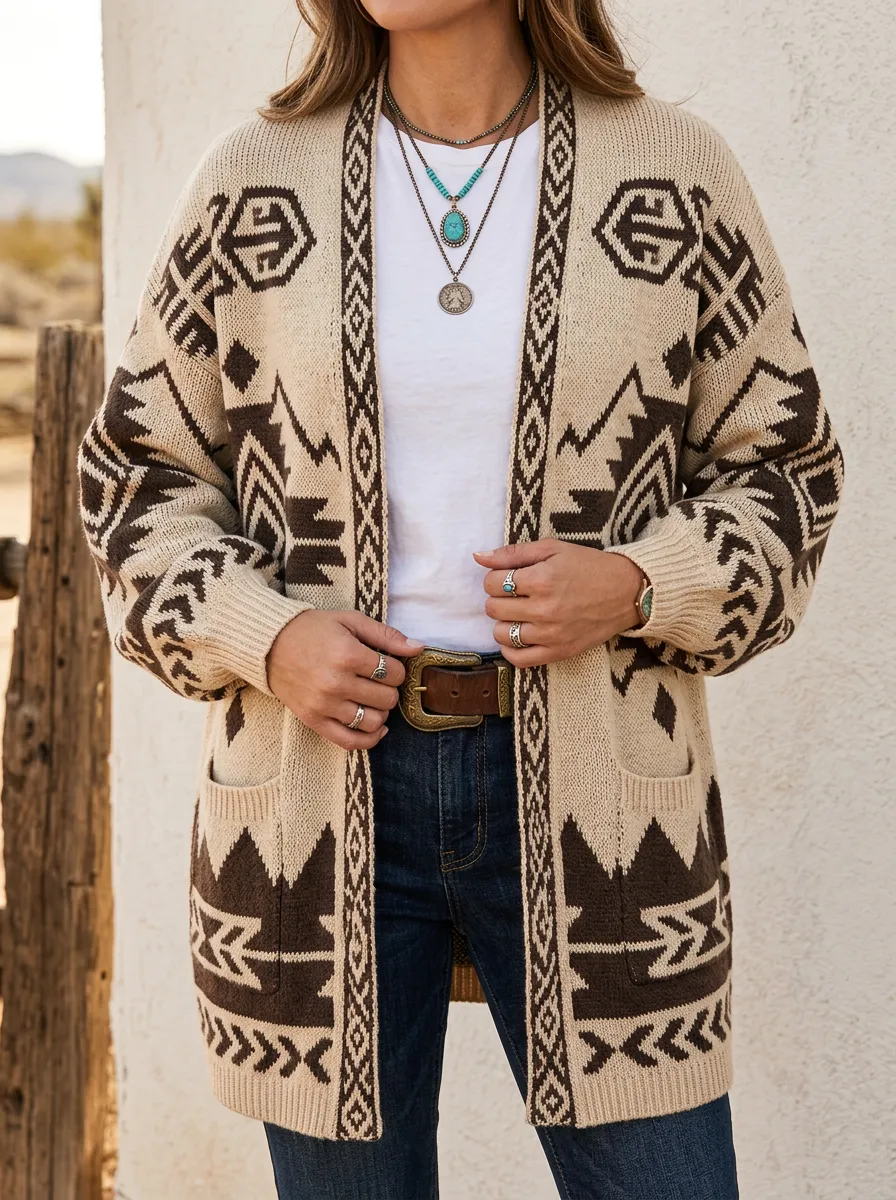 Women's Western Beige and Brown Southwestern Pattern Open-Front Cardigan