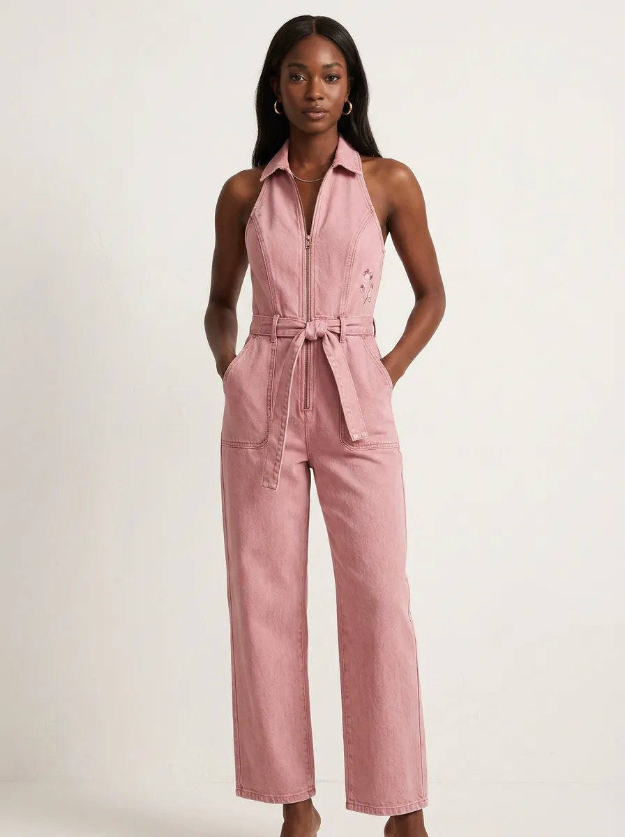 Pink Floral Embroidered Zip-Front Denim Jumpsuit