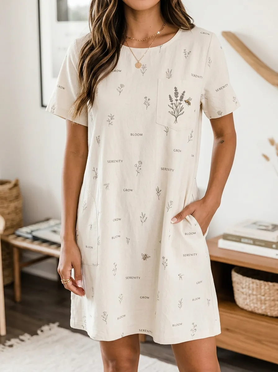 Women's Botanical Bee Floral Serenity Printed T-shirt Dress