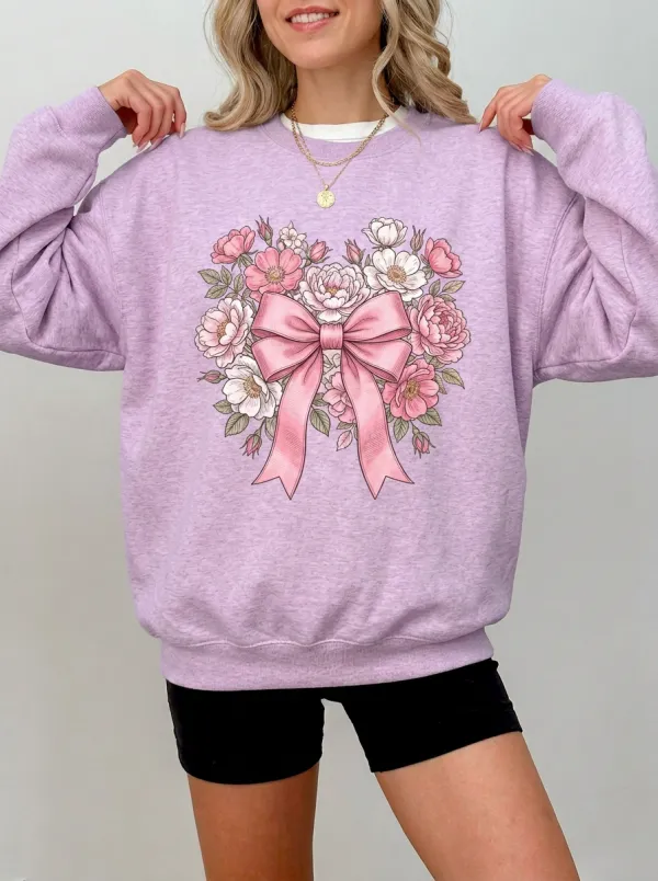Women's Breast Cancer Awareness Pink Bow Floral Printed Sweatshirt